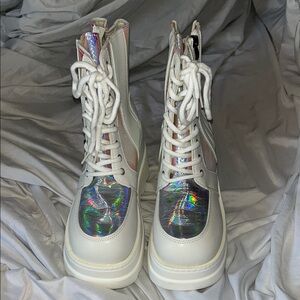White and Silver Platform Shoes with Holographic Accents